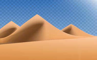 Şeffaf arka planda izole edilmiş gerçekçi çöl manzarası. Kumlu çöl kumulları. Vektör illüstrasyonu