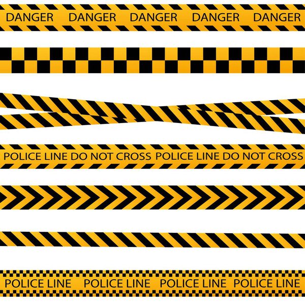Black and yellow police stripe border, construction, danger caution seamless tapes vector illustration set