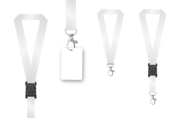 Rozet tasarımı. Kurdeleli kimlik kartı. Metal kapama ve plastik kart. Kongreler ve şirketler için akreditasyon. Vektör illüstrasyonu.