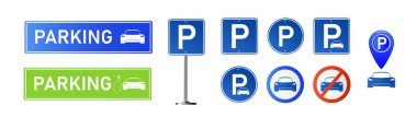 Araba park yeri elektrik ikonu seti. Beyaz arka planda park ve trafik işaretleri izole edilmiş. Harita parkedici. Vektör illüstrasyonu