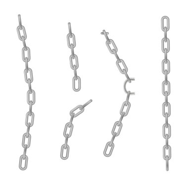 Serbest metal zincir ya bütün ya da çelik krom halkalar kırılır. Dikensiz metal zincir koleksiyonu. Gümüş renginde. Vektör illüstrasyonu