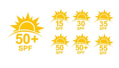 SPF 50 simgesi. Cilt için güneş koruması. UVA UVB güneş kremi koruması. Cilt kozmetik ambalajı için SPF simgesi. Vektör illüstrasyonu