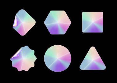 Holografik çıkartmalar. Hologram etiketleri. Renkli boş gökkuşağı parlak amblem etiketi. Vektör illüstrasyonu