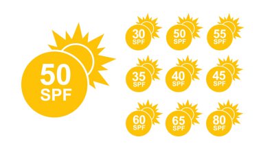 SPF 50 simgesi. Cilt için güneş koruması. UVA UVB güneş kremi koruması. Cilt kozmetik ambalajı için SPF simgesi. Vektör illüstrasyonu