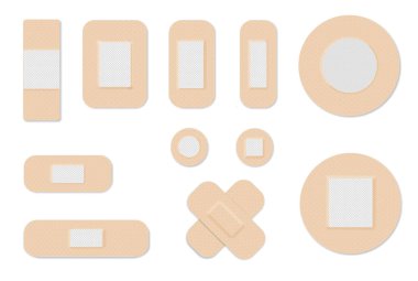 Tıbbi sıvalar. Bandajlar hazır. Yaralar, ameliyatlar ve deri yaralanmaları için ilk yardım bezi. Açık yarayı enfeksiyondan korumak için. Gerçekçi 3d bej yapışkan bant bantları, daire ve kare şekiller. Vektör illüstrasyonu