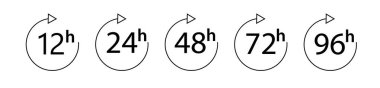 Saat ikonu 12, 24, 48 ve 72 saat saat oku. Hızlı Hizmet Çalışma Süresi Etkisi ya da teslimat Servis Zaman simgeleri 24 saat işareti. Vektör illüstrasyonu