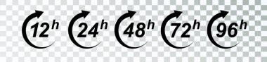 Saat ikonu 12, 24, 48 ve 72 saat saat oku. Hızlı Hizmet Çalışma Süresi Etkisi ya da teslimat Servis Zaman simgeleri 24 saat işareti. Vektör illüstrasyonu