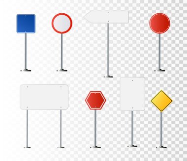 Yol, trafik işaretleri. Metal direkte otoyol tabelası. Yazı için yeri olan boş beyaz tahta. Yön işareti ve yol bulucu. bilgi işareti vektör illüstrasyon modellemesi.