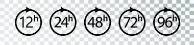 Saat ikonu 12, 24, 48 ve 72 saat saat oku. Hızlı Hizmet Çalışma Süresi Etkisi ya da teslimat Servis Zaman simgeleri 24 saat işareti. Vektör illüstrasyonu