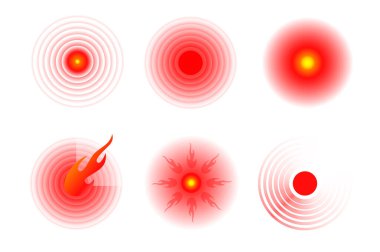 Acı kırmızı çember ya da yerelleştirme işareti, ağrıyan yer işareti, acının soyut sembolü, hassas nokta ya da yaralı vücut parçası işareti, ağrı kesici reklamlar ve tıbbi bilgi posterleri için dizayn unsuru. Vektör illüstrasyonu