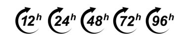 Saat ikonu 12, 24, 48 ve 72 saat saat oku. Hızlı Hizmet Çalışma Süresi Etkisi ya da teslimat Servis Zaman simgeleri 24 saat işareti. Vektör illüstrasyonu