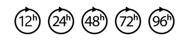 Saat ikonu 12, 24, 48 ve 72 saat saat oku. Hızlı Hizmet Çalışma Süresi Etkisi ya da teslimat Servis Zaman simgeleri 24 saat işareti. Vektör illüstrasyonu