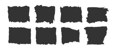 Tırtıklı dikdörtgen. Kağıtlar yırtılmış, kenarları sivri dikdörtgen şeklinde. Dikdörtgen yırtılmış kağıt şekli. Manşet, hat sınırı, izole grunge başlık arkaplanı. Sert kenar dikdörtgen çerçeve. Vektör illüstrasyonu