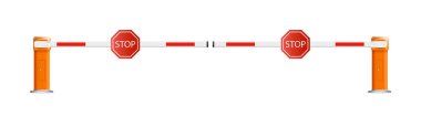 Bariyer sürüsü. Beyaz arkaplan vektör illüstrasyonunda park alanı paralı yolu. Demiryolu ve park alanı bariyeri. Beyaz arkaplanda izole edilmiş web tasarımı için Demiryolu ve park alanı bariyer vektör simgesi gerçekçi