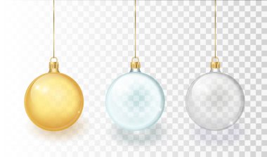 Vektör Gerçekçi 3d Noel Parıltılı Cam Balosu, Şeffaflık Ağı Arkaplanında İzole Edilmiş Mock-up Kapanış. Xmas ve Yeni Yıl Ağacı Oyuncak Oyuncak Balosu Tasarım Şablonu.