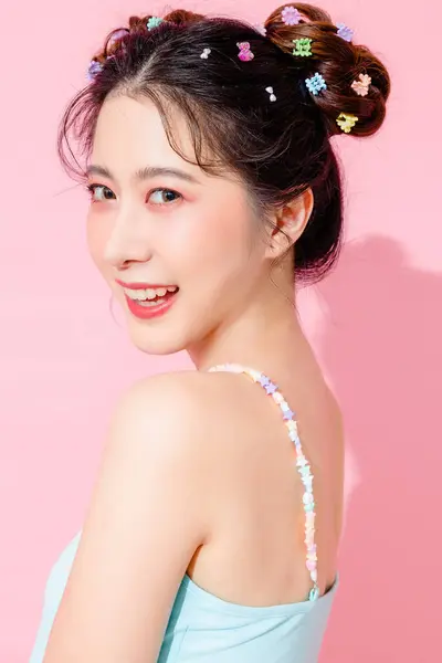 Portrait Beautiful Young Asian Happy Woman Blue Cute Fashion Dress — Stock Photo, Image