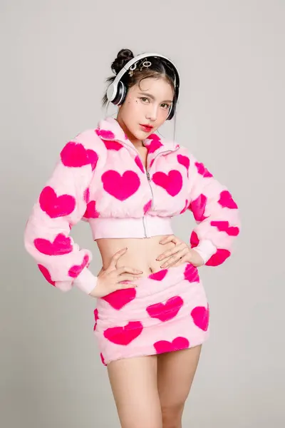 若いプリティアジアの女性は 白い背景に隔離されたフェイス上のメイクで心臓プリントドレスとヘッドフォンにスリムフィットボディを好みます バレンタイン プラスチック手術のコンセプト — ストック写真