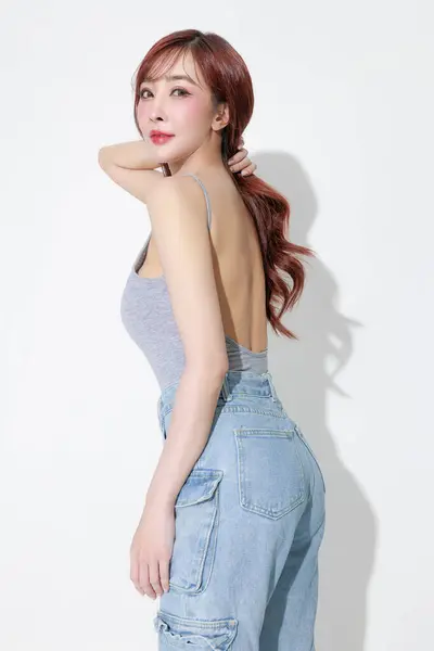 Jonge Aziatische Schoonheid Vrouw Sexy Model Dragen Hals Tank Top — Stockfoto