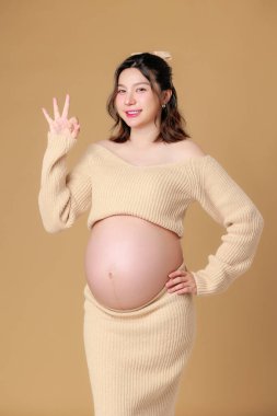 Güzel Asyalı Hamile Mutluluk Kadını örgü gömlekli, göbeğine dokunmuş, bej renkli, soyutlanmış arka planda doğmamış bebeği bekleyen gülümsüyor. Annem karnını tutuyor. Anneliğe yolculuk.