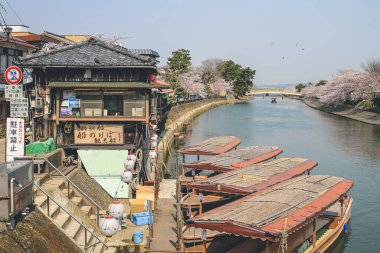 Japonya 'nın Kyoto şehrinde 9 Nisan 2012' de kiraz çiçekleri açan Uji Nehri