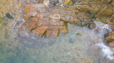 Okyanus kıyısındaki kayalara vuran dalgaların görüntüsü.