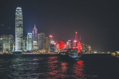10 Nov 2012 Victoria Harbour Hong Kong night view with junk ship