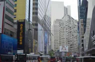 20 April 2013 view with famous trams at Wan Chai district of Hong Kong