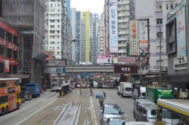 20 April 2013 view with famous trams at Wan Chai district of Hong Kong
