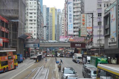 20 April 2013 view with famous trams at Wan Chai district of Hong Kong