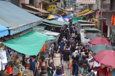20 April 2013 view with famous trams at Wan Chai district of Hong Kong