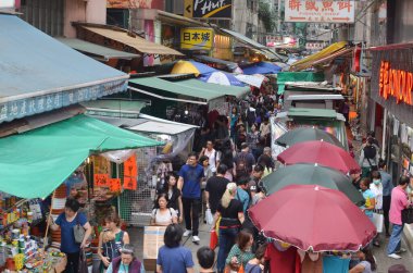 20 April 2013 view with famous trams at Wan Chai district of Hong Kong