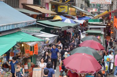 20 April 2013 view with famous trams at Wan Chai district of Hong Kong