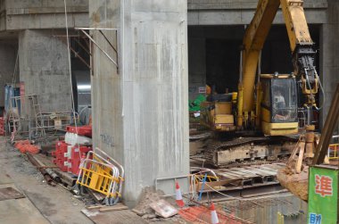 20 April 2013 view with famous trams at Wan Chai district of Hong Kong