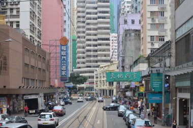 20 April 2013 view with famous trams at Wan Chai district of Hong Kong