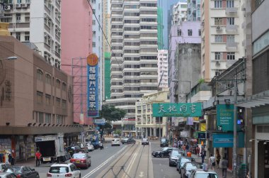 20 April 2013 view with famous trams at Wan Chai district of Hong Kong