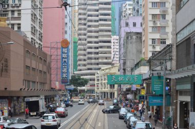20 April 2013 view with famous trams at Wan Chai district of Hong Kong