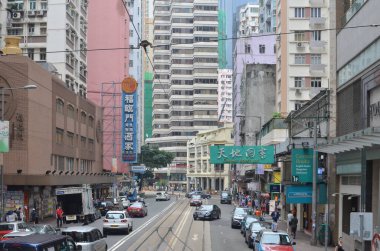 20 April 2013 view with famous trams at Wan Chai district of Hong Kong