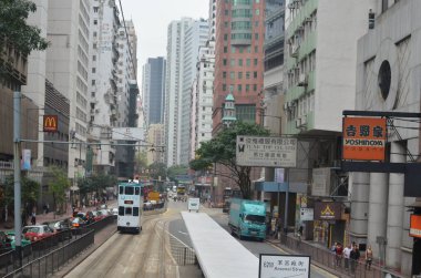 20 April 2013 view with famous trams at Wan Chai district of Hong Kong