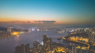 Feb 15 2022 Skyscraper high rise buildings. view at Victoria Harbour sunset.