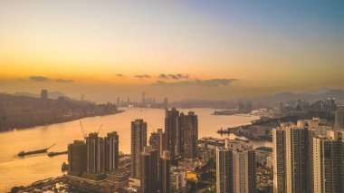 Feb 15 2023 Skyscraper high rise buildings. view at Victoria Harbour sunset.