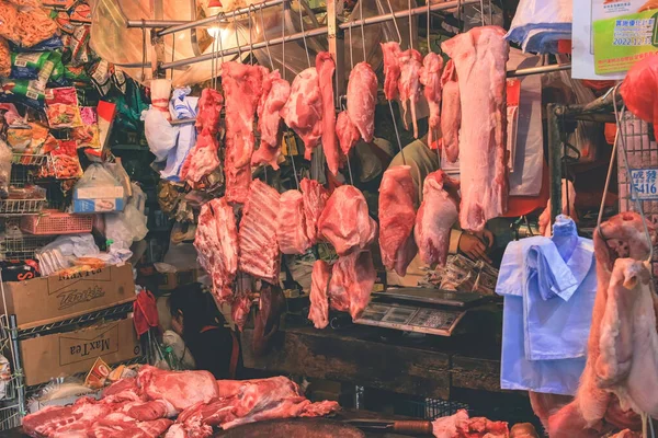 Carne Cerdo Frescos Carnicería Mercado Hong Kong Marzo 2023 — Foto de Stock