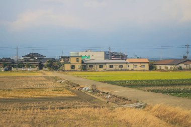 Japonya kırsalının manzarası. 30 Ekim 2013 Treni 'nde görünüm