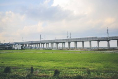 Japonya kırsalının manzarası. 30 Ekim 2013 Treni 'nde görünüm