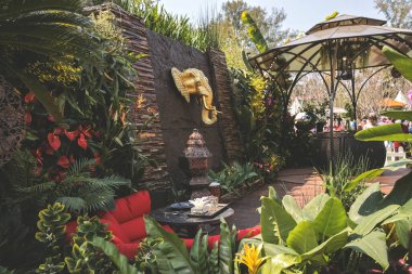 Peyzaj tasarımı ev bahçesi, çiçek fuarı Hong Kong 10 Mart 2023