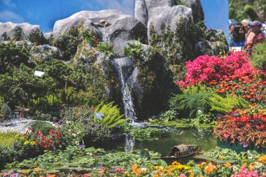 Peyzaj tasarımı ev bahçesi, çiçek fuarı Hong Kong 10 Mart 2023