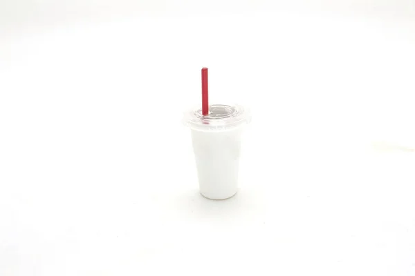 Λευκό Ποτήρι Σόδα Χαρτί Λευκό Φόντο — Φωτογραφία Αρχείου