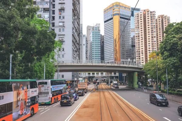 Stadsgezicht Met Beroemde Trams Wijk Wan Chai April 2023 — Stockfoto