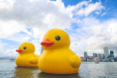 Hong Kong 'da dev Rubber Duck, Kowloon' un arka planı, 9 Haziran 2023