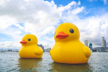 Hong Kong 'da dev Rubber Duck, Kowloon' un arka planı, 9 Haziran 2023
