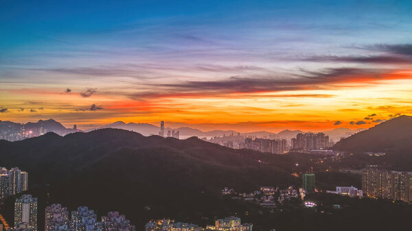Hong Kong city panorama aerial view in magic hour July 10 2023